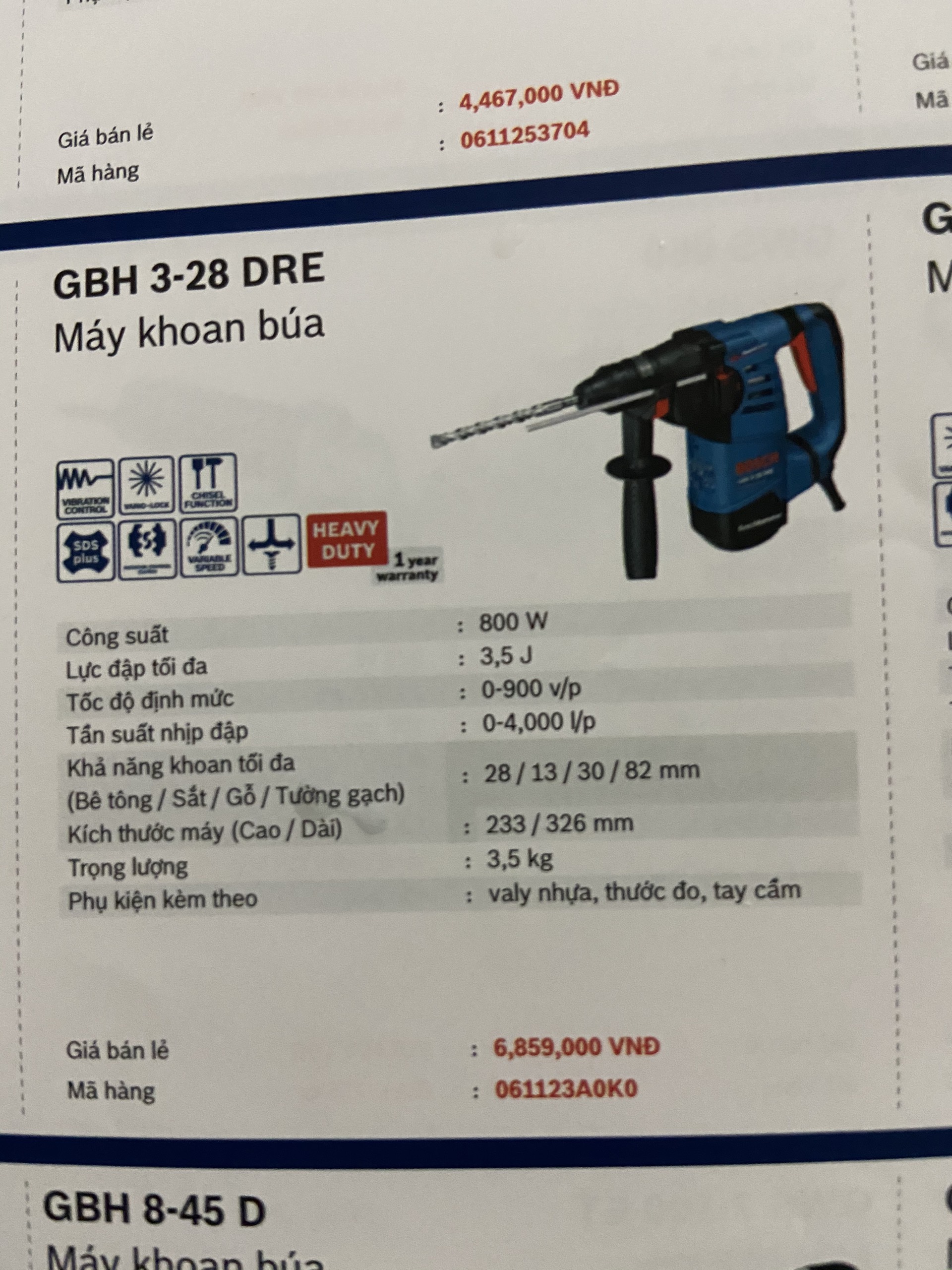 Máy khoan búa GBH 3-28 DRE Bosch